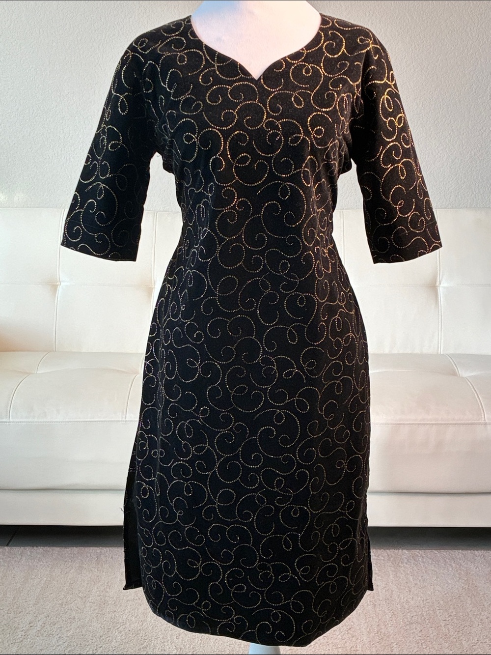 Vintage Velvet Black & Gold Swirl Sheath Dress - Elegant Double Slit Dress